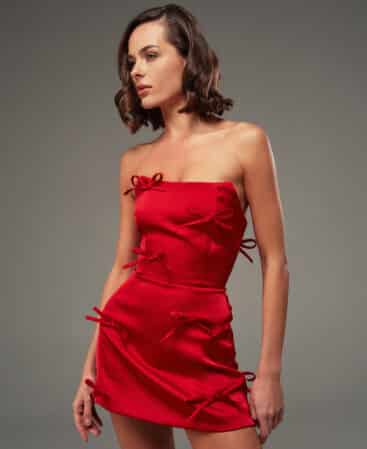 Satin dress with bows RED