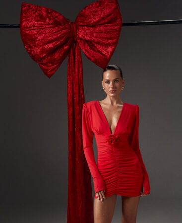 Knit dress with detachable flower RED