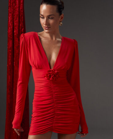 Knit dress with detachable flower RED