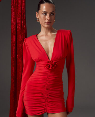 Knit dress with detachable flower RED