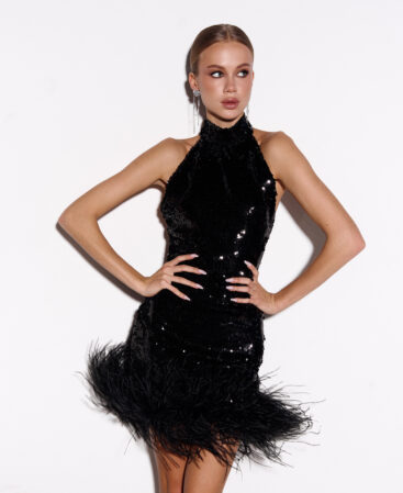 Italian-sequin dress with detachable feathers BLACK 2-in-1