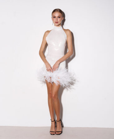 Italian-sequin dress with detachable feathers WHITE 2-in-1
