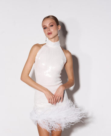 Italian-sequin dress with detachable feathers WHITE 2-in-1